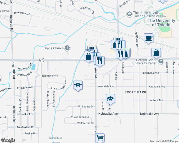 map of restaurants, bars, coffee shops, grocery stores, and more near 1011 North Byrne Road in Toledo