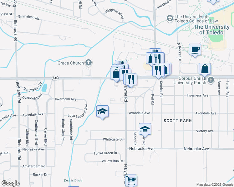 map of restaurants, bars, coffee shops, grocery stores, and more near 1011 North Byrne Road in Toledo