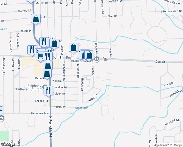 map of restaurants, bars, coffee shops, grocery stores, and more near 1168 Shadow Lane in Toledo