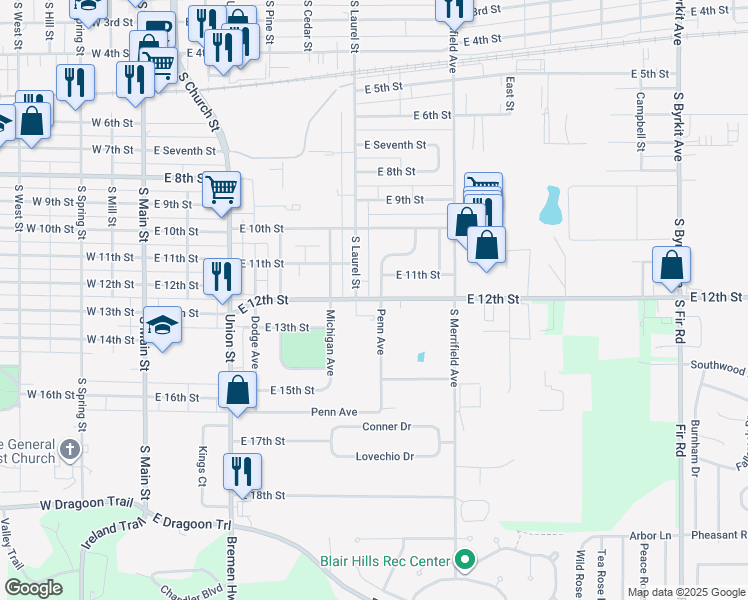 map of restaurants, bars, coffee shops, grocery stores, and more near 1124 Penn Avenue in Mishawaka