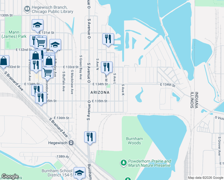 map of restaurants, bars, coffee shops, grocery stores, and more near 13447 South Avenue M in Chicago