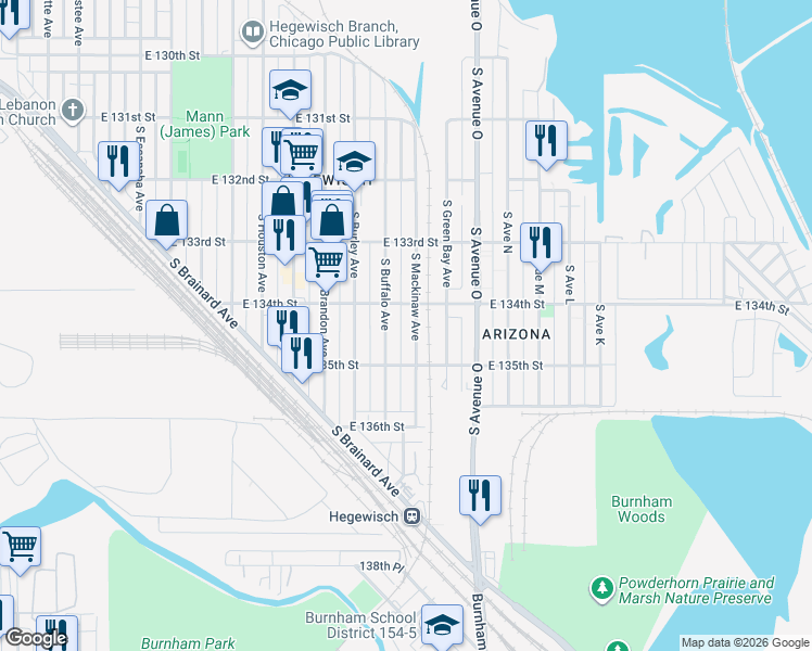 map of restaurants, bars, coffee shops, grocery stores, and more near 13447 South Buffalo Avenue in Chicago