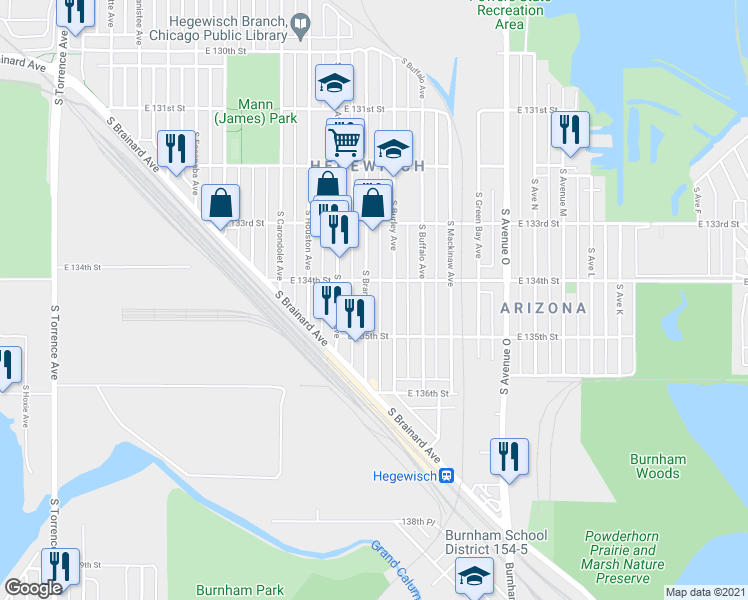 map of restaurants, bars, coffee shops, grocery stores, and more near 13448 South Brandon Avenue in Chicago