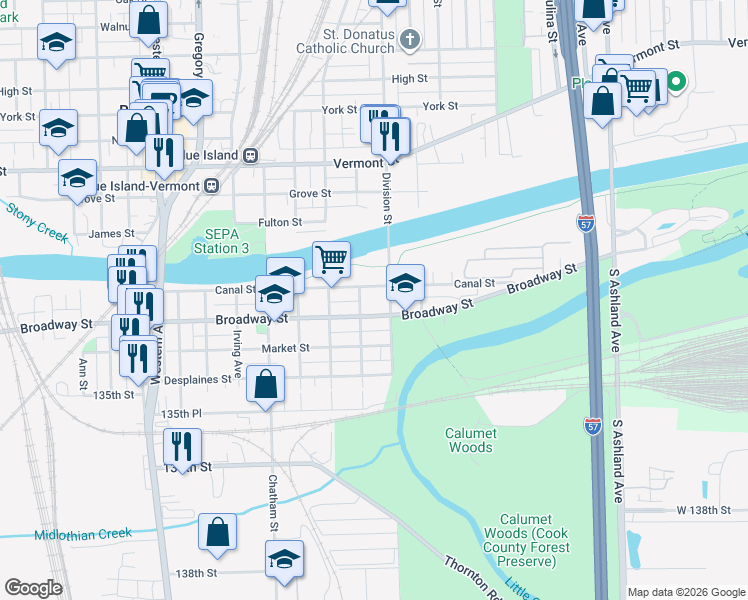 map of restaurants, bars, coffee shops, grocery stores, and more near 2009 Broadway Street in Blue Island