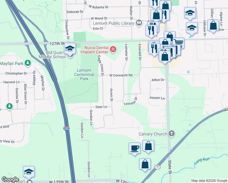 map of restaurants, bars, coffee shops, grocery stores, and more near 1300 Leinster Drive in Lemont