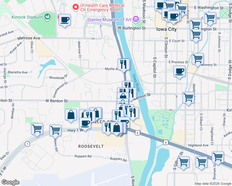 map of restaurants, bars, coffee shops, grocery stores, and more near 206 West Benton Street in Iowa City