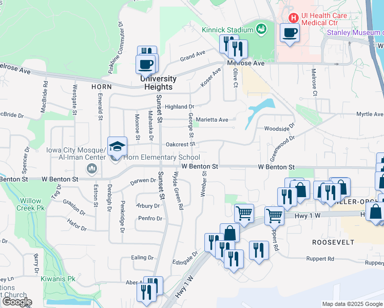 map of restaurants, bars, coffee shops, grocery stores, and more near 1204 West Benton Street in Iowa City
