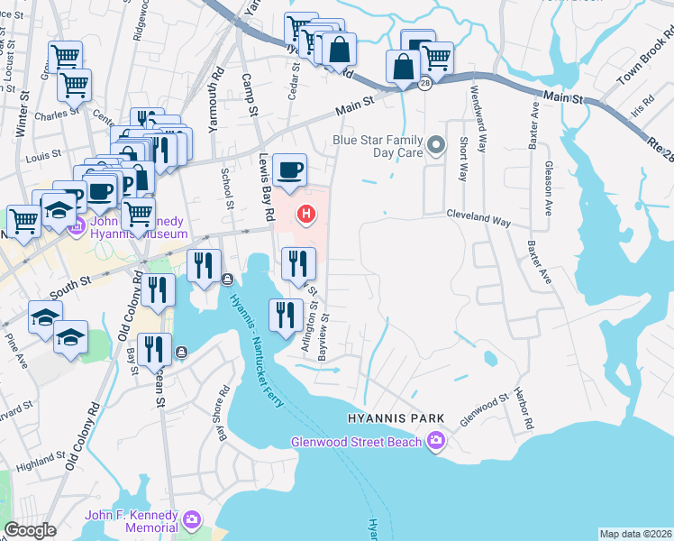 map of restaurants, bars, coffee shops, grocery stores, and more near 114 Bayview Street in Yarmouth