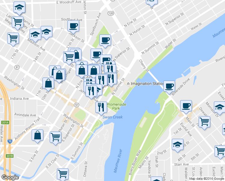 map of restaurants, bars, coffee shops, grocery stores, and more near in Toledo
