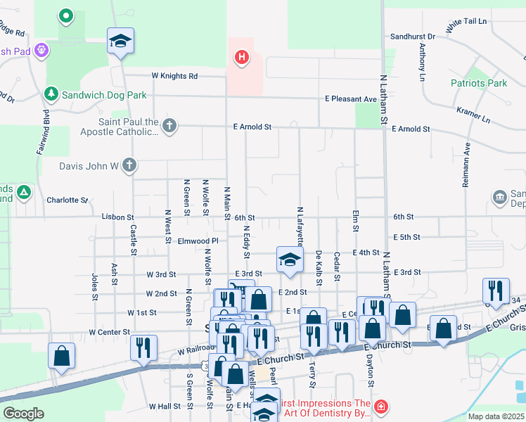 map of restaurants, bars, coffee shops, grocery stores, and more near 110 6th Street in Sandwich