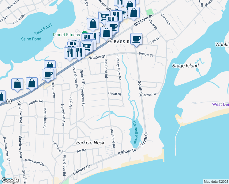 map of restaurants, bars, coffee shops, grocery stores, and more near 16 Braddock Street in Yarmouth
