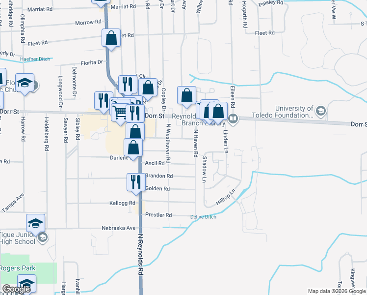 map of restaurants, bars, coffee shops, grocery stores, and more near 5032 Ancil Road in Toledo