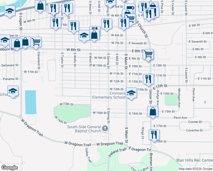 map of restaurants, bars, coffee shops, grocery stores, and more near 320 West 14th Street in Mishawaka