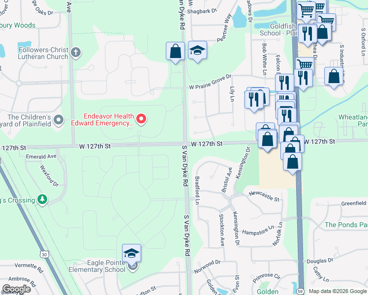 map of restaurants, bars, coffee shops, grocery stores, and more near 12700 South Van Dyke Road in Plainfield