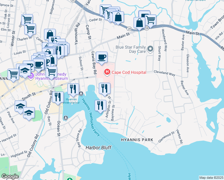map of restaurants, bars, coffee shops, grocery stores, and more near 86 Bayview Street in Yarmouth