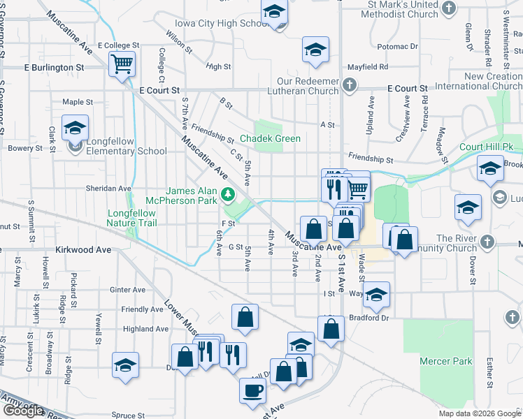 map of restaurants, bars, coffee shops, grocery stores, and more near 1912 Historic US 6 in Iowa City