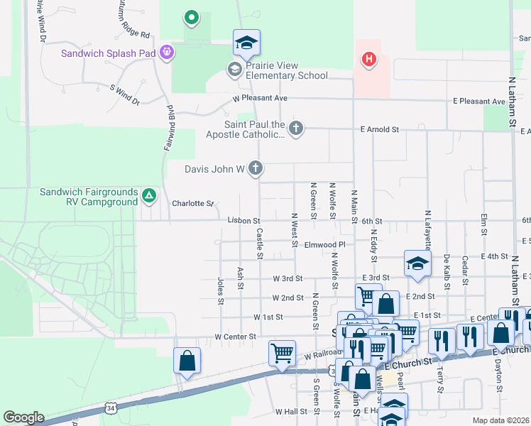 map of restaurants, bars, coffee shops, grocery stores, and more near 716 Castle Street in Sandwich