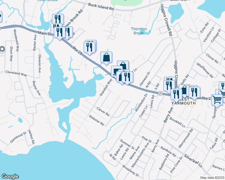 map of restaurants, bars, coffee shops, grocery stores, and more near 10 Standish Way in Yarmouth