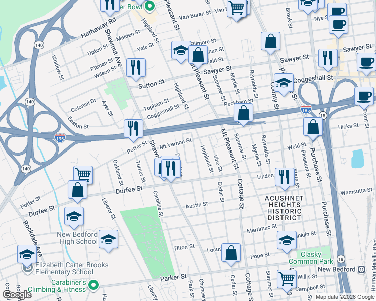 map of restaurants, bars, coffee shops, grocery stores, and more near 62 Mount Vernon Street in New Bedford