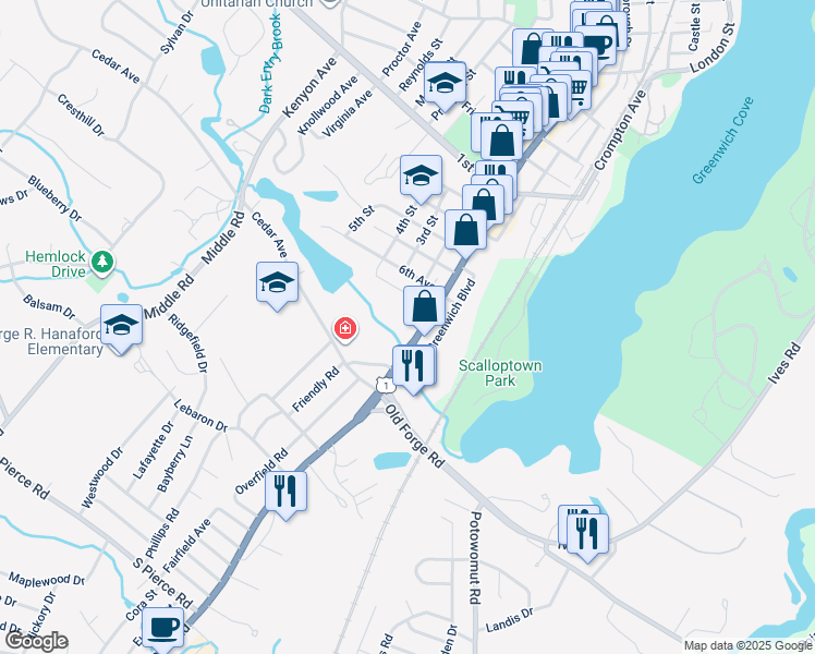 map of restaurants, bars, coffee shops, grocery stores, and more near 945 Main Street in East Greenwich