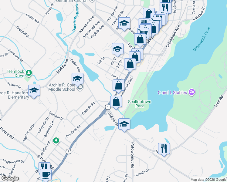 map of restaurants, bars, coffee shops, grocery stores, and more near 945 Main Street in East Greenwich
