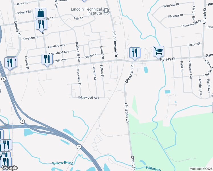map of restaurants, bars, coffee shops, grocery stores, and more near 20 Hudson Place in New Britain