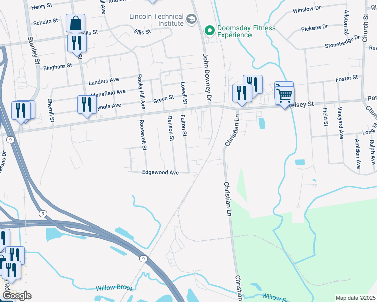 map of restaurants, bars, coffee shops, grocery stores, and more near 20 Hudson Place in New Britain