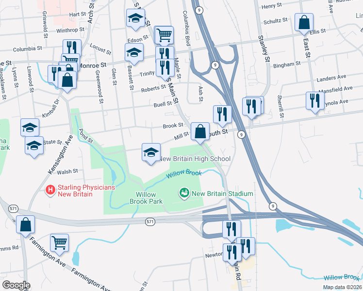 map of restaurants, bars, coffee shops, grocery stores, and more near 33 Mill Street in New Britain