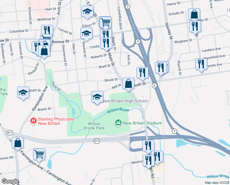 map of restaurants, bars, coffee shops, grocery stores, and more near 33 Mill Street in New Britain