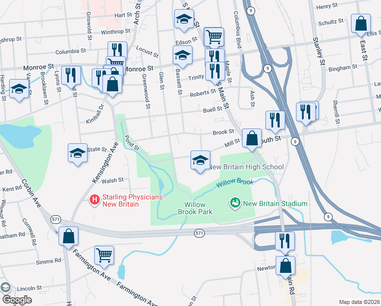 map of restaurants, bars, coffee shops, grocery stores, and more near 11 Logan Street in New Britain