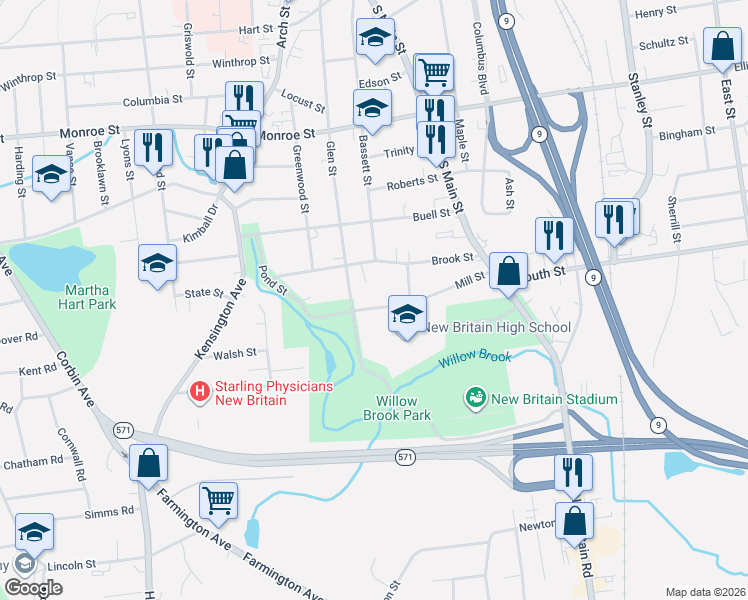 map of restaurants, bars, coffee shops, grocery stores, and more near 478 Glen Street in New Britain