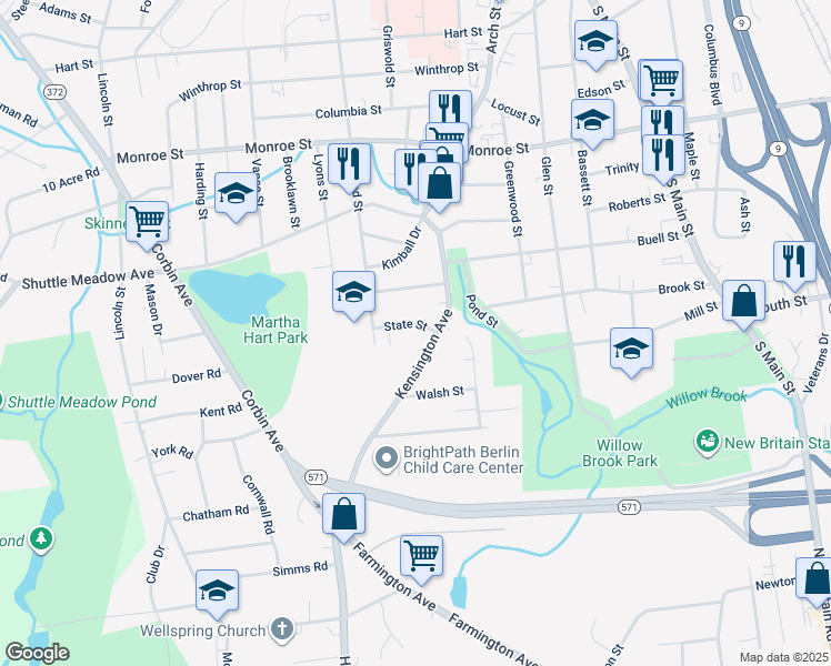 map of restaurants, bars, coffee shops, grocery stores, and more near 29 State Street in New Britain