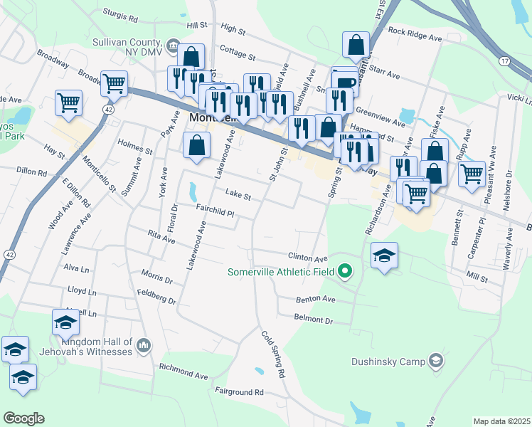 map of restaurants, bars, coffee shops, grocery stores, and more near 7 Roosevelt Place in Monticello