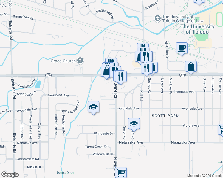map of restaurants, bars, coffee shops, grocery stores, and more near 1133 North Byrne Road in Toledo