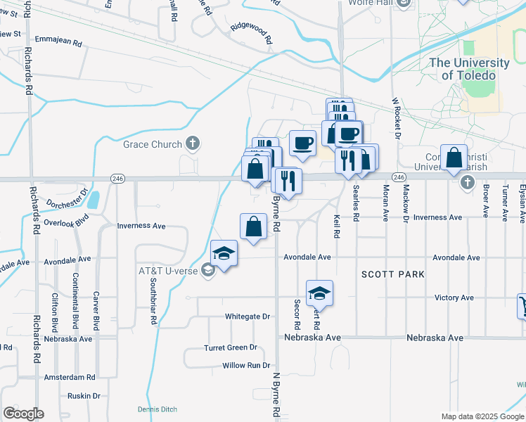 map of restaurants, bars, coffee shops, grocery stores, and more near 1133 North Byrne Road in Toledo