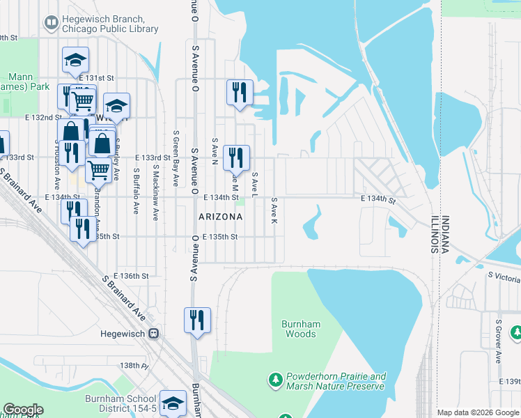 map of restaurants, bars, coffee shops, grocery stores, and more near 13358 South Avenue K in Chicago