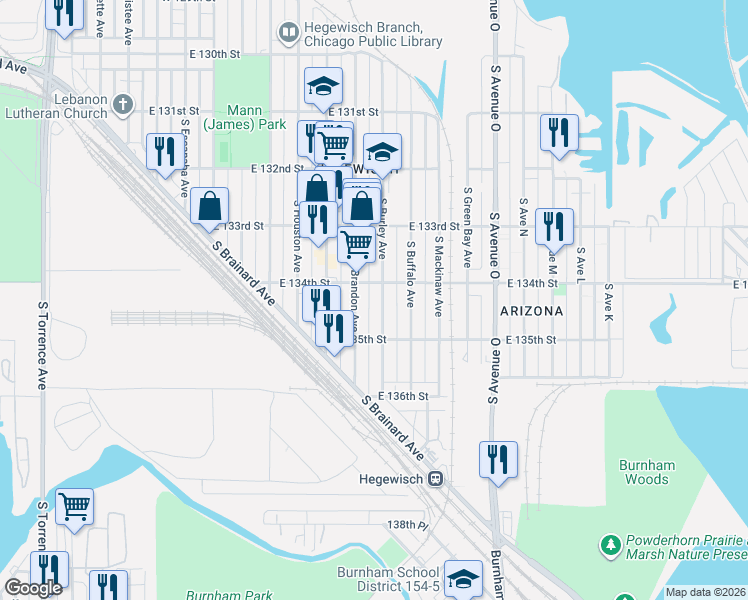 map of restaurants, bars, coffee shops, grocery stores, and more near 13359 South Burley Avenue in Chicago