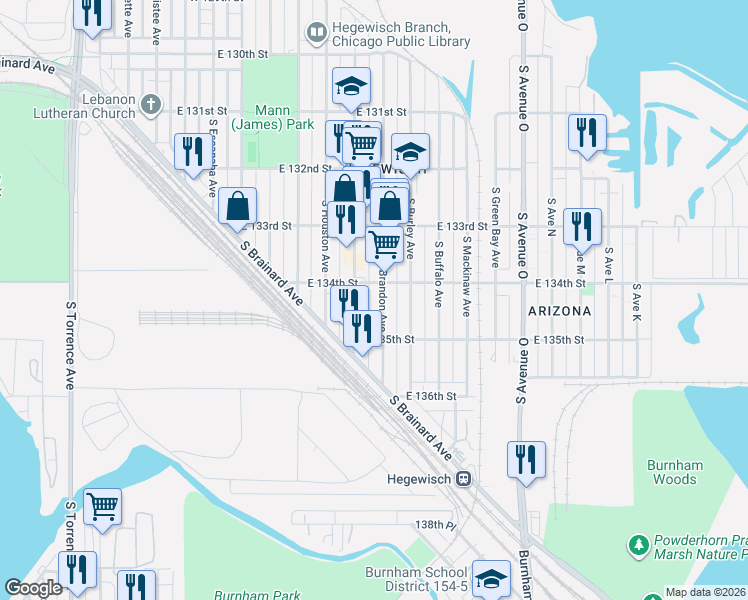 map of restaurants, bars, coffee shops, grocery stores, and more near 13356 South Brandon Avenue in Chicago