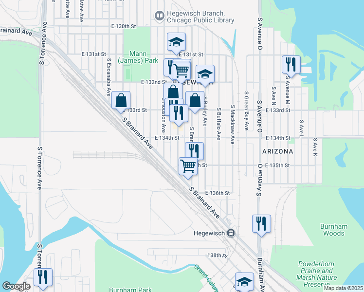 map of restaurants, bars, coffee shops, grocery stores, and more near 13356 South Baltimore Avenue in Chicago