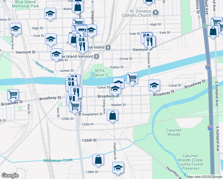 map of restaurants, bars, coffee shops, grocery stores, and more near 13240 Chicago Street in Blue Island