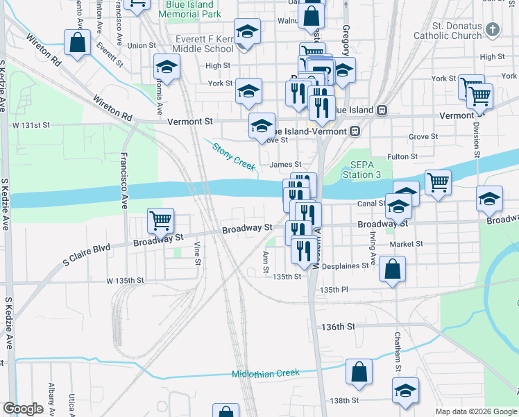 map of restaurants, bars, coffee shops, grocery stores, and more near 13302 Ann Street in Blue Island