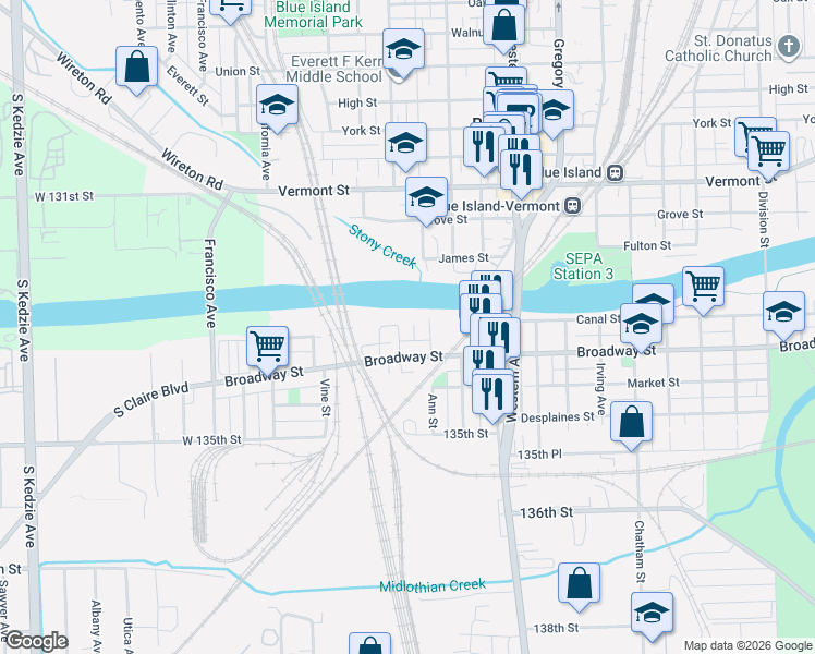 map of restaurants, bars, coffee shops, grocery stores, and more near 13302 Ann Street in Blue Island