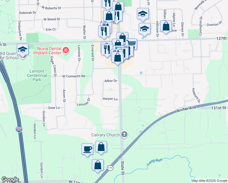 map of restaurants, bars, coffee shops, grocery stores, and more near 1213 Arbor Drive in Lemont