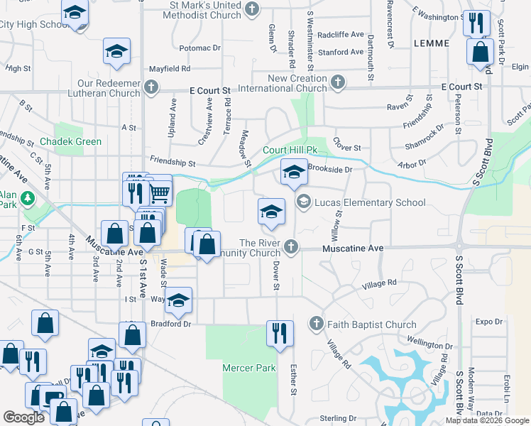 map of restaurants, bars, coffee shops, grocery stores, and more near 734 Perry Court in Iowa City