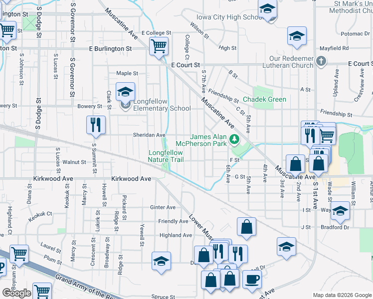 map of restaurants, bars, coffee shops, grocery stores, and more near 1503 Sheridan Avenue in Iowa City