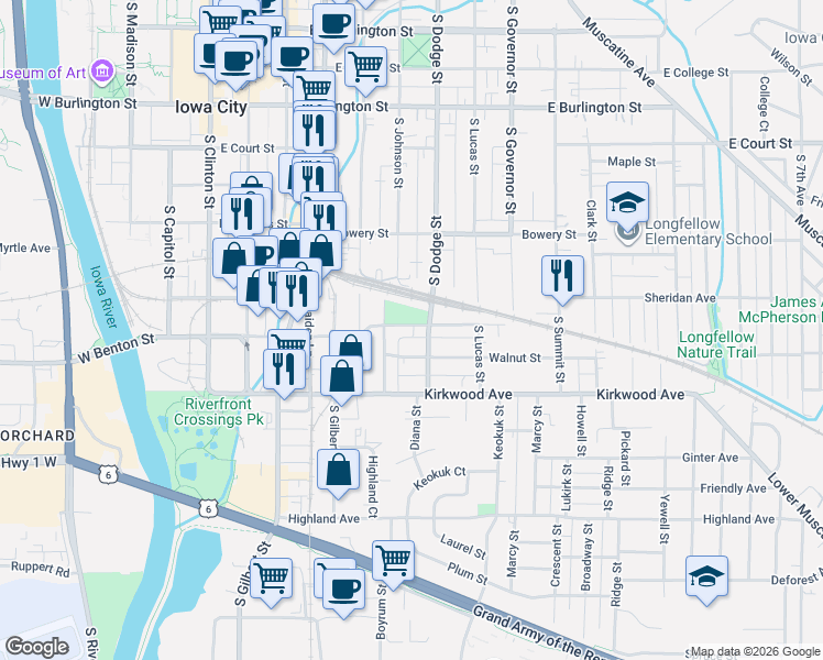 map of restaurants, bars, coffee shops, grocery stores, and more near 720 Page Street in Iowa City