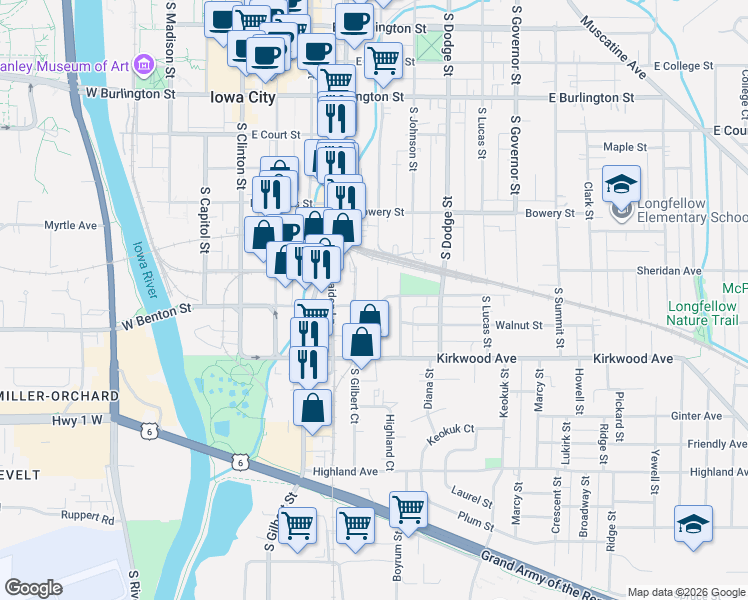 map of restaurants, bars, coffee shops, grocery stores, and more near 806 South Van Buren Street in Iowa City
