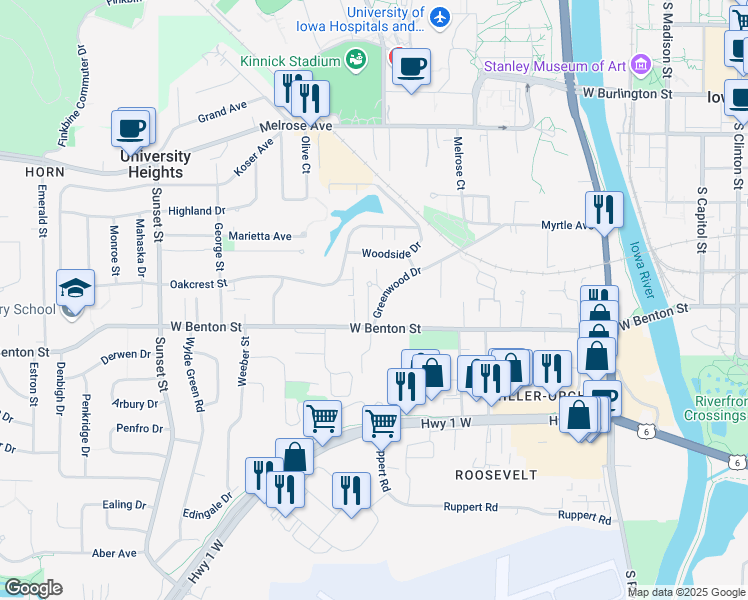 map of restaurants, bars, coffee shops, grocery stores, and more near 703 Carriage Hill in Iowa City