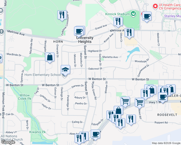 map of restaurants, bars, coffee shops, grocery stores, and more near 1308 Oakcrest Street in Iowa City