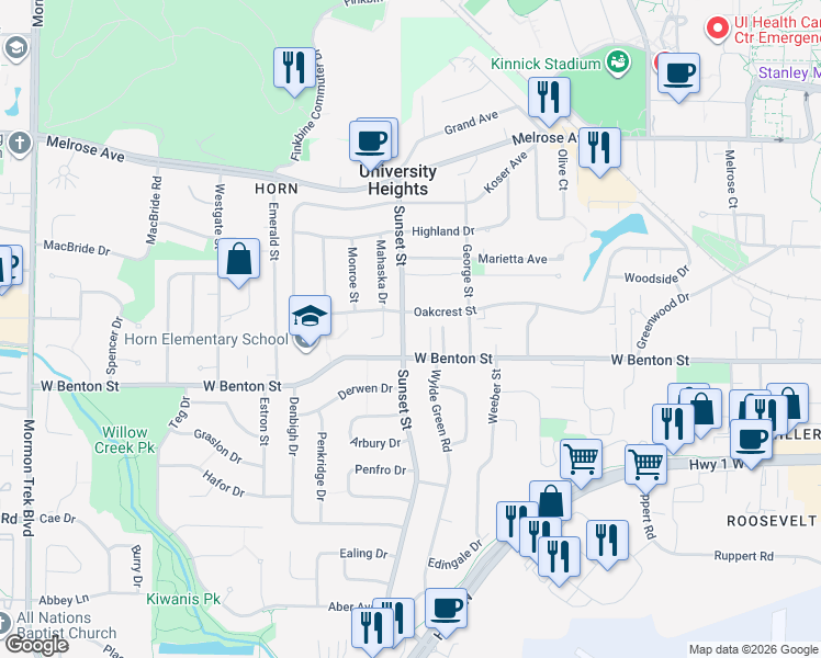 map of restaurants, bars, coffee shops, grocery stores, and more near 1308 Oakcrest Street in Iowa City